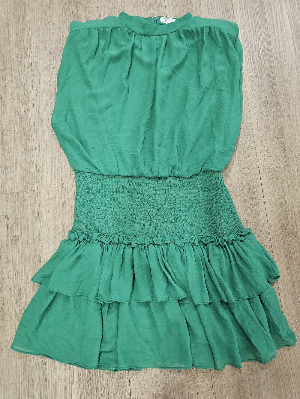 TCEC Emerald Green Smocked Waist Tiered Ruffle Mock Neck Mini Dress Large